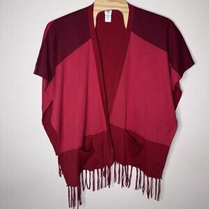 Cabi Womens Firebrick Red Colorblock Fringe Poncho M/L Oversized Western Boho